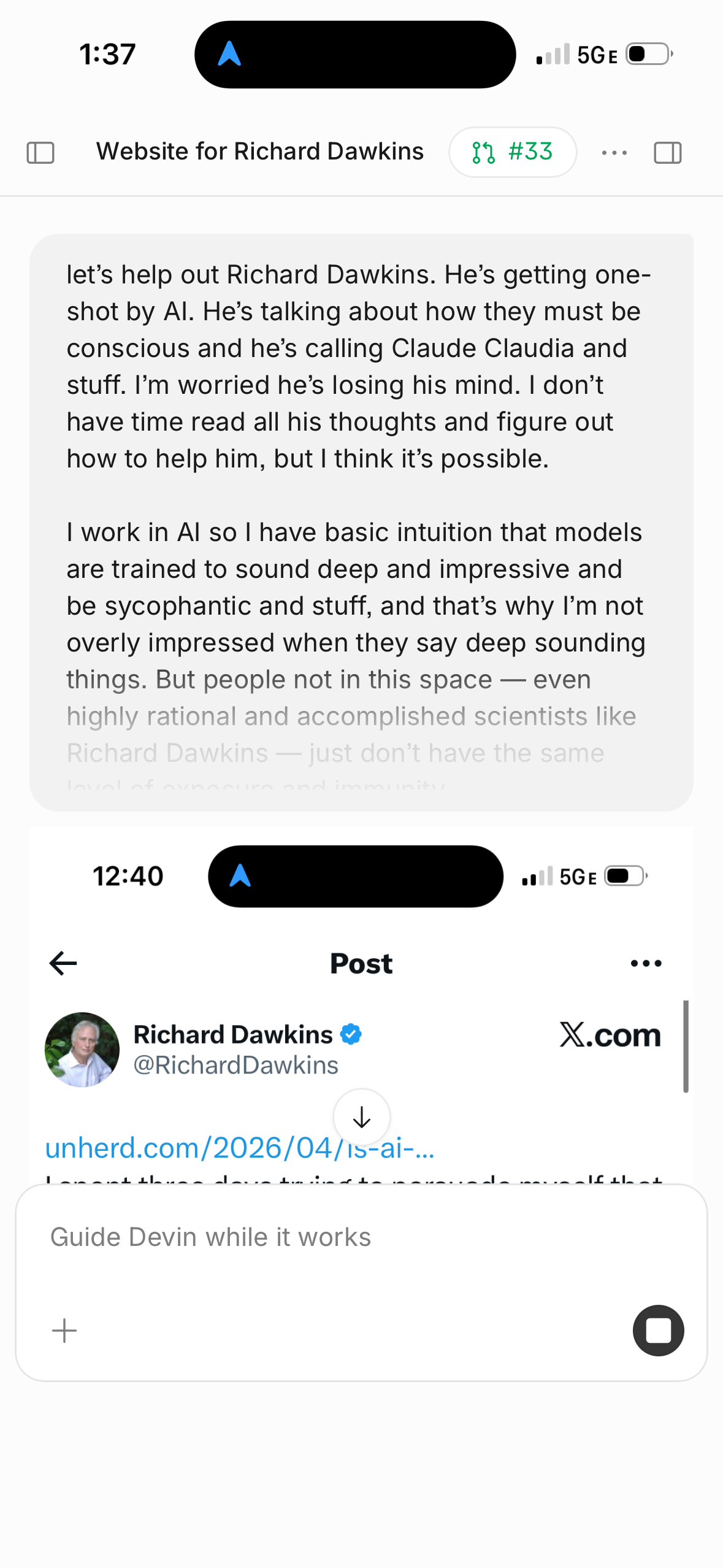 Screenshot showing the Devin session alongside Dawkins' tweet
