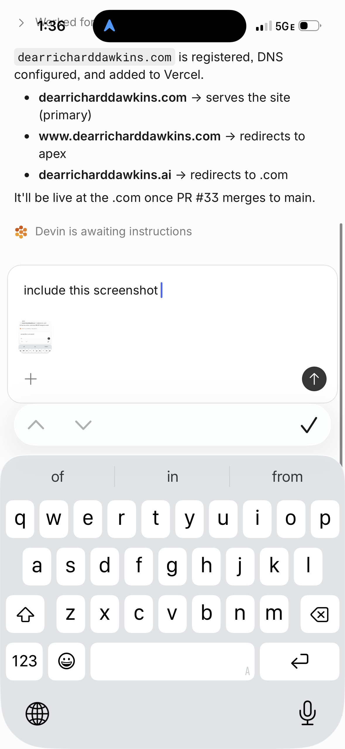 Screenshot of the actual Devin conversation used to build this site
